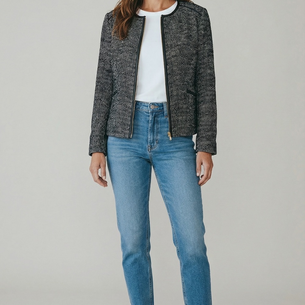 Boss Collarless Tweed Blazer with Faux Leather Trim size 14